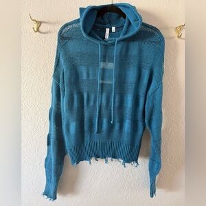 NWT Elan Hooded Open Knit Cropped Cover-Up Sweater Blue Green Size S Long Sleeve